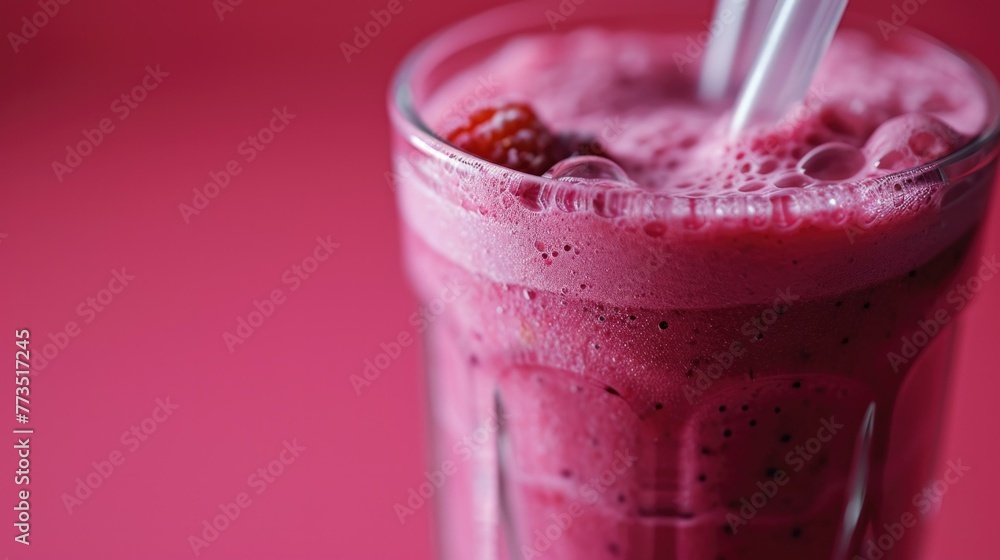Poster a close up of a smoothie with raspberries and strawberries. generative ai.