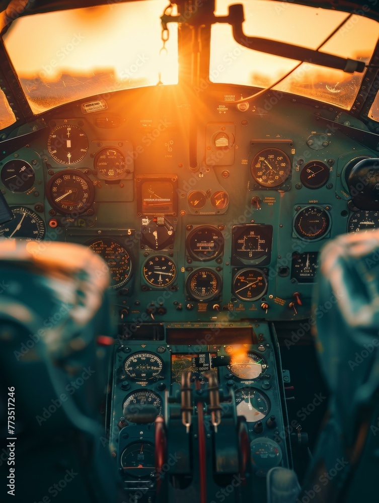 Poster a cockpit view of a plane with the sun setting in front. generative ai.