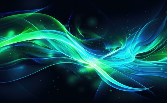 A green and blue abstract background with swirls of light. Generative AI.