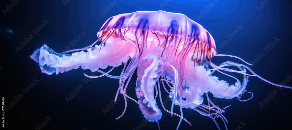 Poster a jellyfish is floating in the dark water with its tentacles out. generative ai.