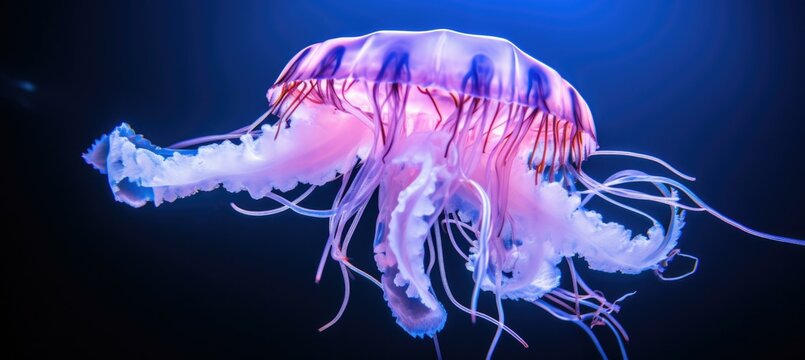 A jellyfish is floating in the dark water with its tentacles out. Generative AI.