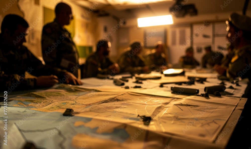 Poster a group of men sitting around a table with maps and papers. generative ai.