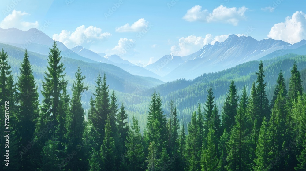Poster A scenic view of a mountain range with trees in the foreground. Suitable for nature and landscape themes