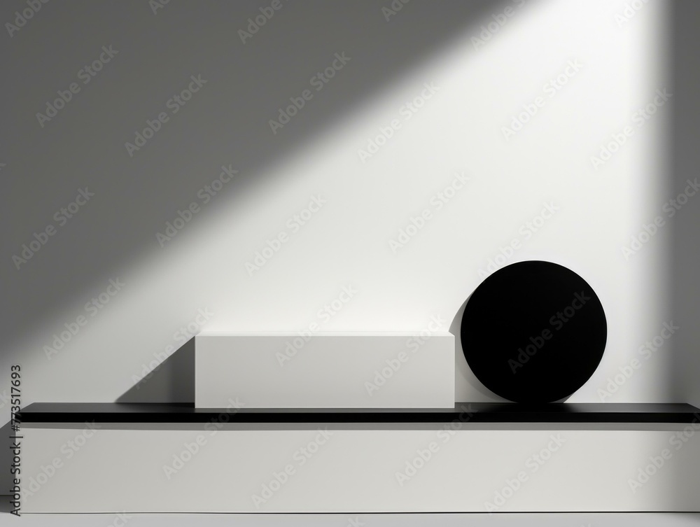 Poster a white shelf with a black object on it in the corner. generative ai.