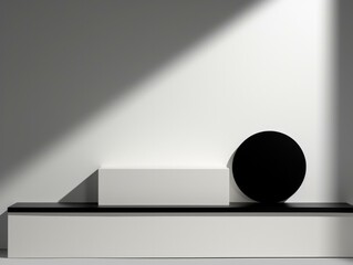 A white shelf with a black object on it in the corner. Generative AI.