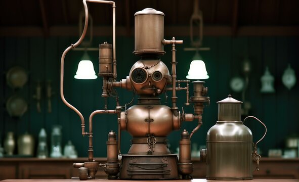 A large copper machine on a table with other objects. Generative AI.