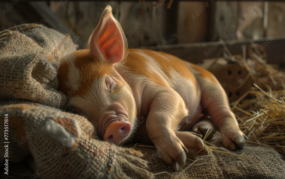 Poster a small pig sleeping on a blanket with hay in the background. generative ai.