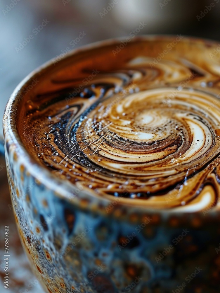 Poster a close up of a cup with swirls in it on top of something. generative ai.