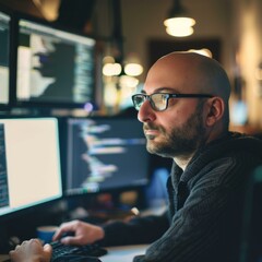A man in a black shirt sitting at his computer. Generative AI.