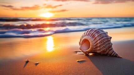 A sea shell rests on the sandy beach as the sunset - obrazy, fototapety, plakaty