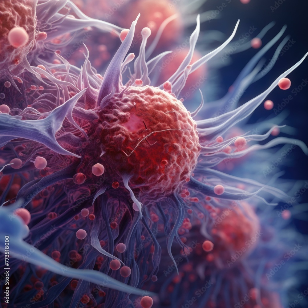 Poster a close up of a cell with many red and pink cells. generative ai.