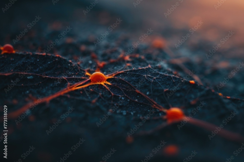 Poster a close up of a leaf with orange dots on it. generative ai.