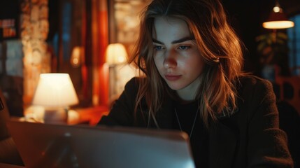 A woman sitting in front of a laptop computer, suitable for technology concepts