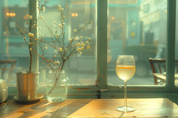 Exquisite wine glasses and bottle arranged elegantly on table, inviting a moment of relaxation. Inviting wine set amidst beautiful lighting, perfect for romantic dinner or celebratory gathering