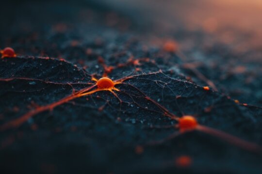 A close up of a leaf with orange dots on it. Generative AI.