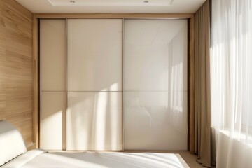 Modern bedroom interior with glossy wooden wardrobe and sliding doors