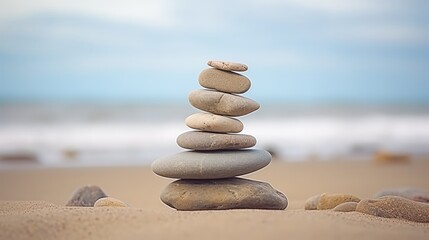 Fototapeta na wymiar A stack of rocks balanced on top of a sandy beach, creating a harmonious composition