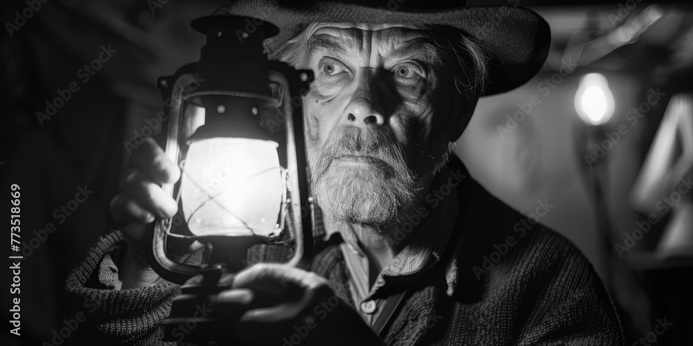 Poster an elderly man holding a lantern. suitable for various concepts and designs