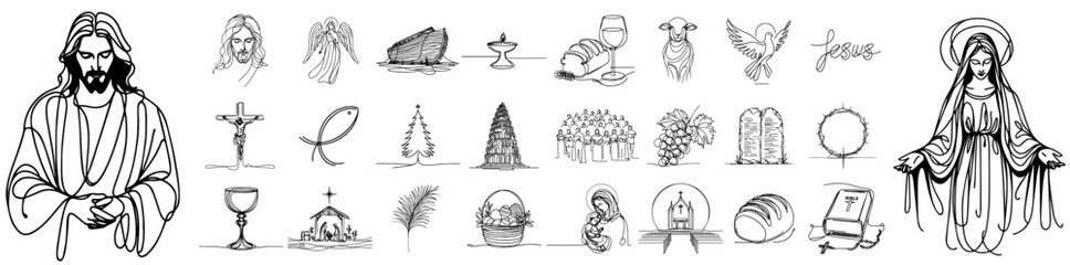 Obraz premium Religious, catholic, christian doodle icons collection set, vector simple line art monoline religious illustration, hand-drawn pattern laser cutting print engraving