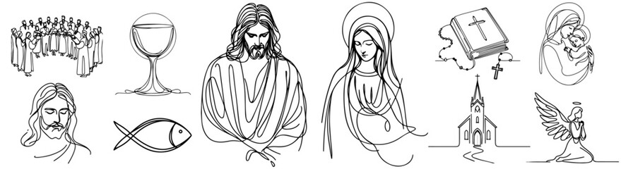 Religious, catholic, christian doodle icons collection set,  Jesus and Virgin Mary vector simple line art monoline religious illustration, hand-drawn pattern laser cutting print engraving - obrazy, fototapety, plakaty