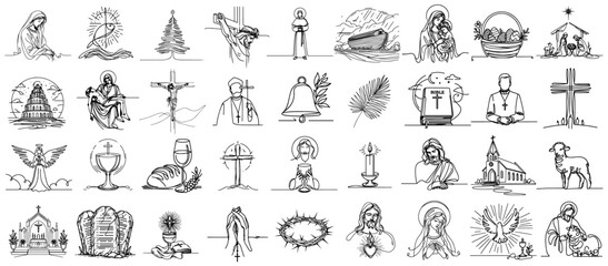 Religious, catholic, christian doodle icons collection set, vector simple line art monoline religious illustration, hand-drawn pattern laser cutting print engraving - obrazy, fototapety, plakaty
