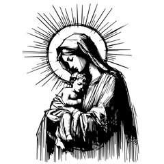 Our Lady Virgin Mary, vector illustration: Madonna, Mother of God silhouette for laser cutting cnc, engraving, decorative religious icon, clipart black shape