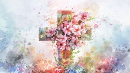 A beautiful watercolor painting of a cross with delicate flowers. Perfect for religious-themed projects or memorials - obrazy, fototapety, plakaty