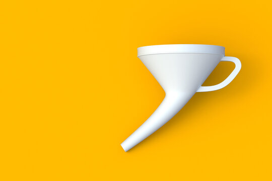White funnel for fuel, oil or other liquid on orange background. Car accessory. Top view. Copy space. 3d render