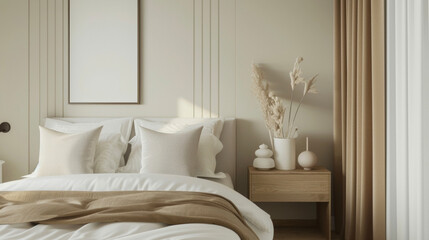 Tasteful and understated decor fills this minimalist bedroom including a set of unique ceramic sculptures on the nightstand. . .