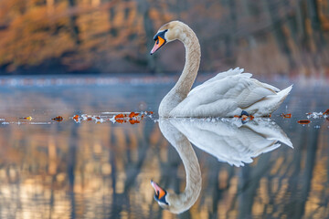 A mute swan with a complete reflection may be seen on the lake. - obrazy, fototapety, plakaty