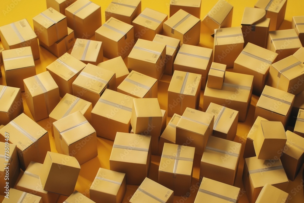 Aufkleber a large pile of boxes on a table, suitable for various concepts