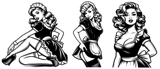 maid pin-up girl vintage style, black silhouette vector, comic cute woman shape print, monochrome clipart retro pin up illustration, laser cutting engraving nocolor