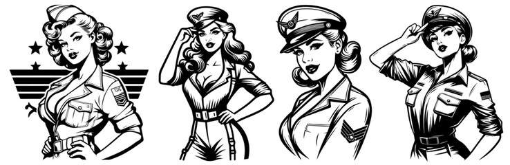 airplane pilot pin-up girl vintage style, black silhouette vector, comic cute woman shape print, monochrome clipart retro pin up illustration, laser cutting engraving nocolor - obrazy, fototapety, plakaty