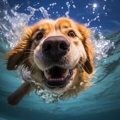 Golden retriever, labrador. Happy dog is swimming, jumping, diving deep down. Actions, training games with family pets and popular dog breeds on summer vacation. Underwater shoot - obrazy, fototapety, plakaty