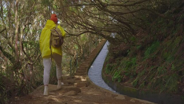 A girl in a yellow jacket travels with a backpack and visits extraordinary places and trails on the island of Madeira, Levada dos Tornos, Portugal