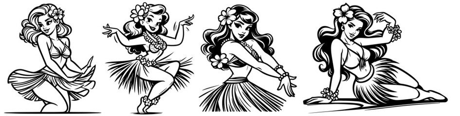 Fototapeta na wymiar hawaiian tropic dance pinup woman retro style, black vector nocolor silhouette, pin up girl vintage monochrome clipart illustration, laser cutting engraving old style, comic character design