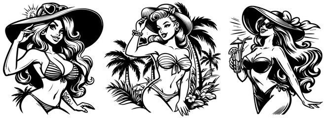 tropic beach pinup woman retro style, black vector nocolor silhouette, pin up girl vintage monochrome clipart illustration, laser cutting engraving old style, comic character design