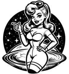 in the space pinup woman retro style, black vector nocolor silhouette, pin up girl vintage monochrome clipart illustration, laser cutting engraving old style, comic character design