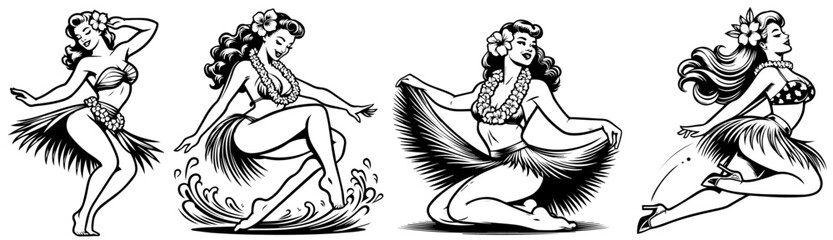 hula dance pinup woman retro style, black vector nocolor silhouette, pin up girl vintage monochrome clipart illustration, laser cutting engraving old style, comic character design - obrazy, fototapety, plakaty