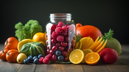 A vibrant image showcasing a variety of colorful fruit and vegetable power supplement capsule.