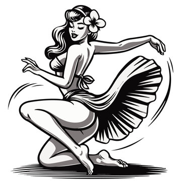 hawaiian dance pinup woman retro style, black vector nocolor silhouette, pin up girl vintage monochrome clipart illustration, laser cutting engraving old style, comic character design