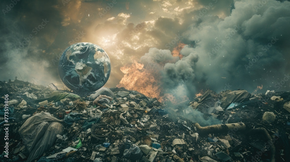 Poster A large pile of trash with a globe on top. Suitable for environmental and pollution concepts