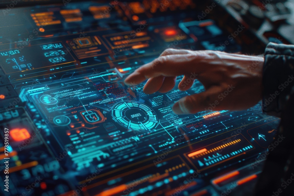 Poster A person using a tablet with a futuristic interface. Suitable for technology concepts