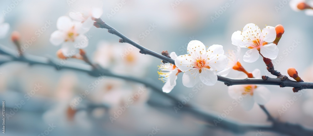 Poster the image shows a detailed view of a branch from a tree adorned with delicate white flowers in full 