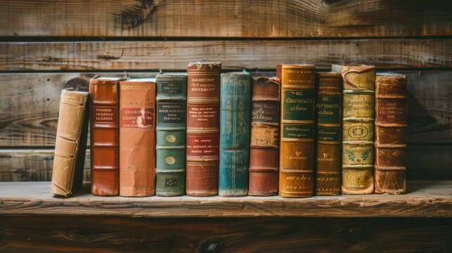 Vintage literature. Antique old books on wooden shelf. AI Generated