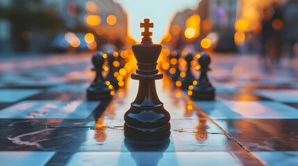 King chess piece on a board at dusk, city lights behind.