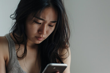 Serious Concerned Sad Woman Looking at and Using Smartphone