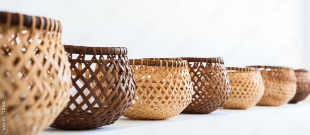 Poster arrangement of numerous baskets displayed neatly in a row on a wooden shelf