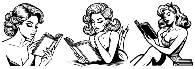 reads a book pinup woman retro style, black vector nocolor silhouette, pin up girl vintage monochrome clipart illustration, laser cutting engraving old style, comic character design