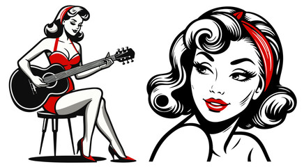 playing the guitar pinup woman retro style, black vector nocolor silhouette, pin up girl vintage monochrome clipart illustration, laser cutting engraving old style, comic character design